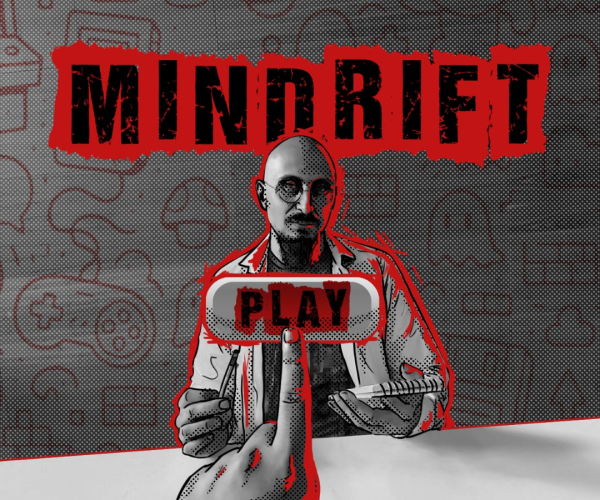 Screenshot from Mindrift game, showing a transition between real-life footage and retro game visuals.